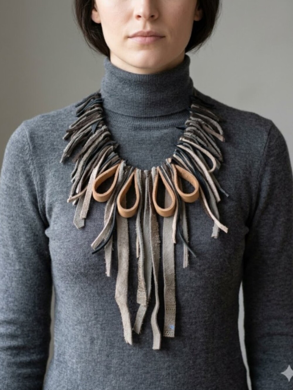 Boho Handmade Genuine Leather FRINGE Statement Necklace-Tan Gray 005